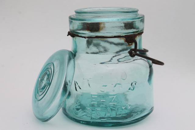 photo of antique vintage canning jars, Ball Ideal Atlas E Z Seal pint and half pints blue & clear glass #3