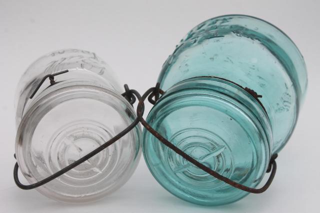 photo of antique vintage canning jars, Ball Ideal Atlas E Z Seal pint and half pints blue & clear glass #6