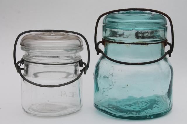 photo of antique vintage canning jars, Ball Ideal Atlas E Z Seal pint and half pints blue & clear glass #8