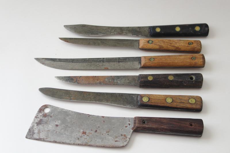 photo of antique vintage carbon steel kitchen kitchen knives, butcher knife lot #1