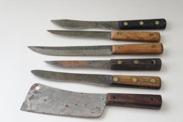 catalog photo of antique vintage carbon steel kitchen kitchen knives, butcher knife lot