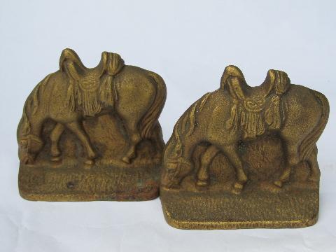 photo of antique vintage cast iron bookends, pair of horses or cow ponies #1