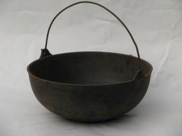 catalog photo of antique vintage cast iron cauldron pot, for campfire or wood stove