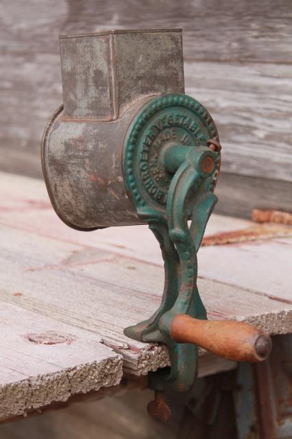 photo of antique vintage cast iron hand crank vegetable grater w/ primitive original paint  #1