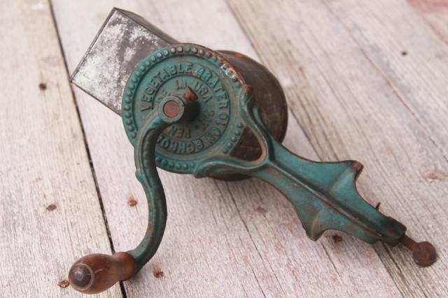 photo of antique vintage cast iron hand crank vegetable grater w/ primitive original paint  #4