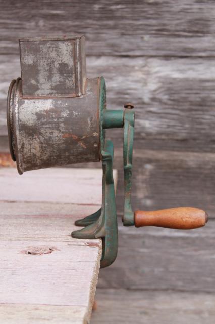 photo of antique vintage cast iron hand crank vegetable grater w/ primitive original paint  #5