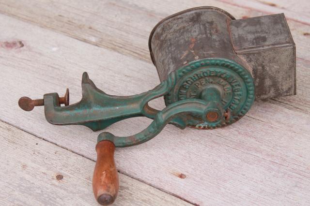 photo of antique vintage cast iron hand crank vegetable grater w/ primitive original paint  #6