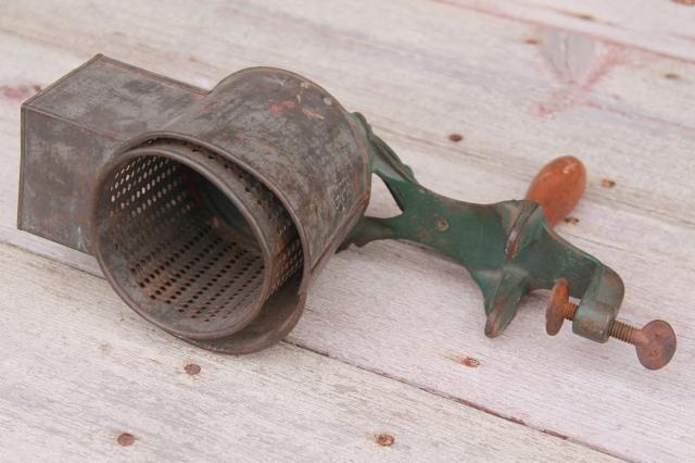 photo of antique vintage cast iron hand crank vegetable grater w/ primitive original paint  #7