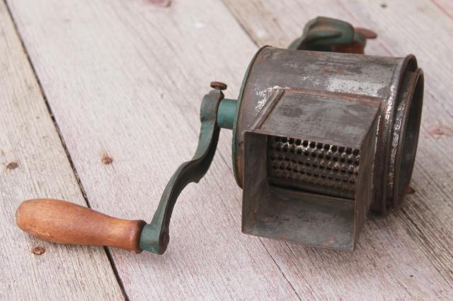 photo of antique vintage cast iron hand crank vegetable grater w/ primitive original paint  #9