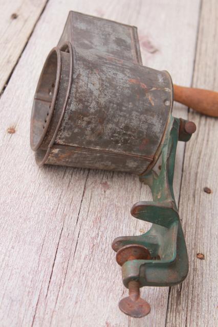 photo of antique vintage cast iron hand crank vegetable grater w/ primitive original paint  #10