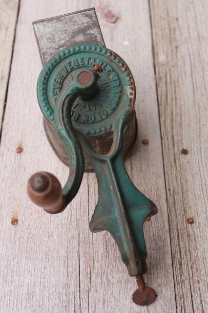 photo of antique vintage cast iron hand crank vegetable grater w/ primitive original paint  #12