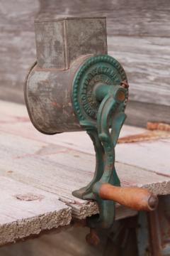 catalog photo of antique vintage cast iron hand crank vegetable grater w/ primitive original paint 