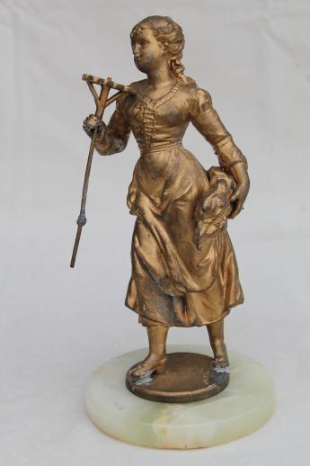 photo of antique vintage cast metal lamp figure, french garden girl spelter statue w/ shabby gold #1