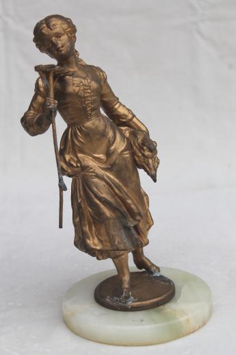 photo of antique vintage cast metal lamp figure, french garden girl spelter statue w/ shabby gold #4