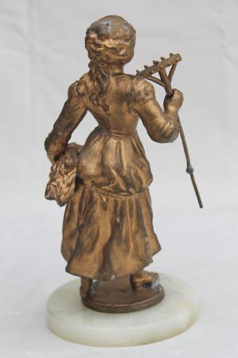 photo of antique vintage cast metal lamp figure, french garden girl spelter statue w/ shabby gold #5