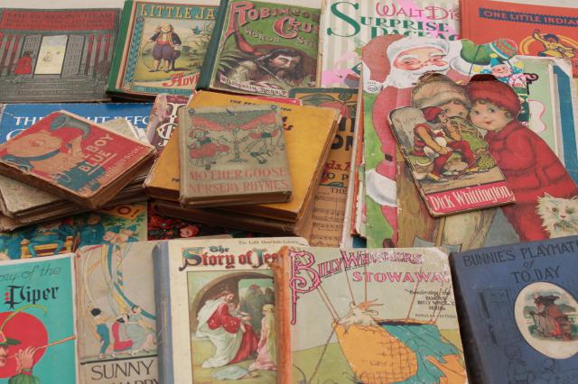 photo of antique vintage children's book lot, 30+ shabby books for art illustrations, crafts, display #1