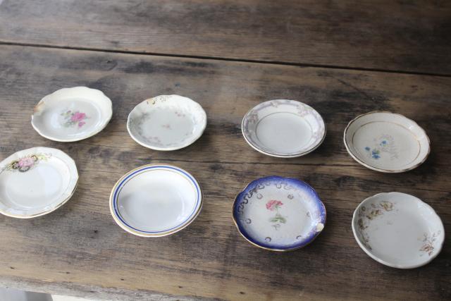 photo of antique vintage china butter pats, shabby tiny plates collection of different pattern #1