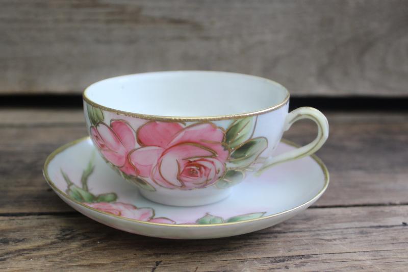 photo of antique vintage china cup & saucer, hand painted Nippon rose w/ gold moriage #1