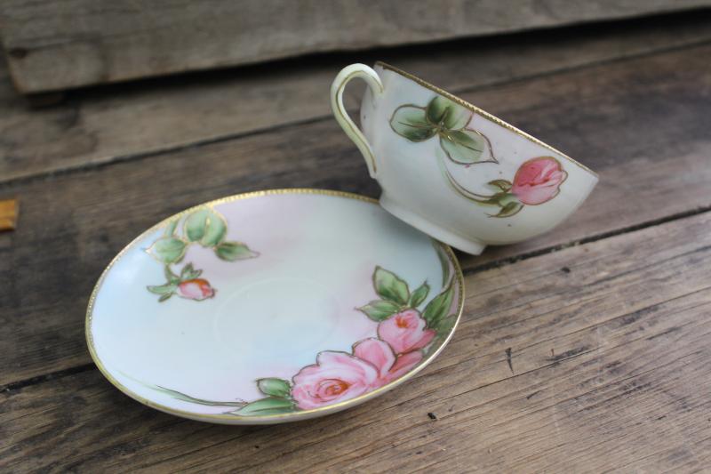 photo of antique vintage china cup & saucer, hand painted Nippon rose w/ gold moriage #5