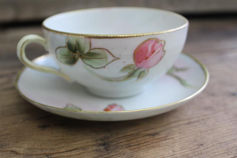 photo of antique vintage china cup & saucer, hand painted Nippon rose w/ gold moriage #7