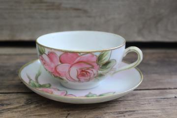 catalog photo of antique vintage china cup & saucer, hand painted Nippon rose w/ gold moriage