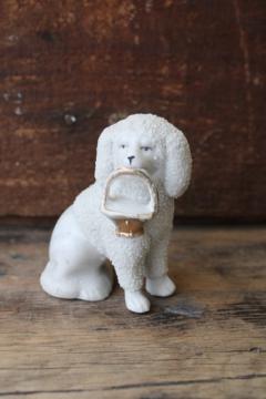 catalog photo of antique vintage china dog figurine, snow baby white poodle w/ basket