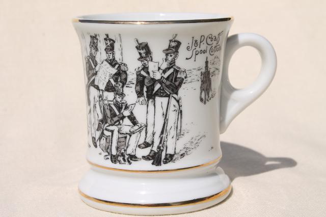 photo of antique vintage china mustache cup, J P Coats Spool Cotton advertising vocational mug #1