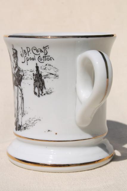 photo of antique vintage china mustache cup, J P Coats Spool Cotton advertising vocational mug #2