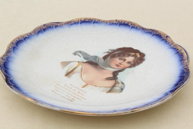 photo of antique vintage china plate, flow blue border w/ portrait of a lady circa 1890s #3