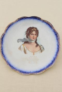 catalog photo of antique vintage china plate, flow blue border w/ portrait of a lady circa 1890s