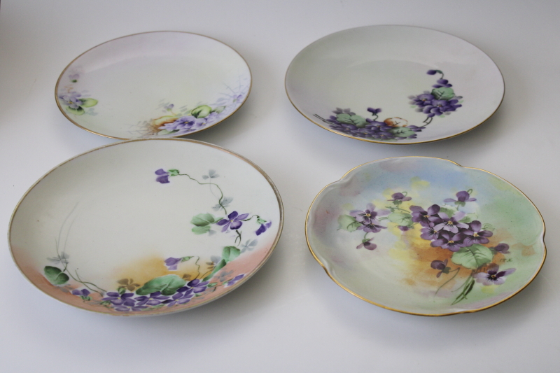 photo of antique vintage china plates all hand painted violets, collection of mismatched floral dishes #1