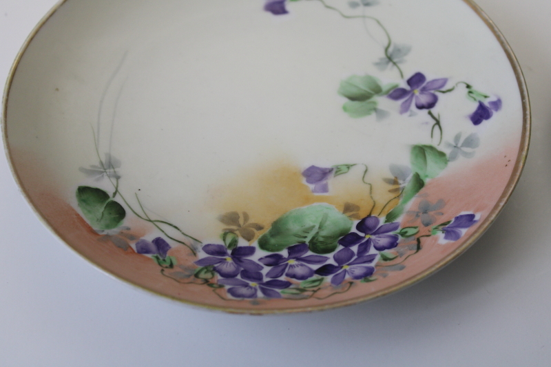 photo of antique vintage china plates all hand painted violets, collection of mismatched floral dishes #3