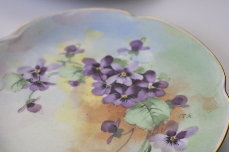 photo of antique vintage china plates all hand painted violets, collection of mismatched floral dishes #4