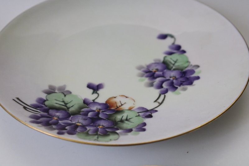 photo of antique vintage china plates all hand painted violets, collection of mismatched floral dishes #5