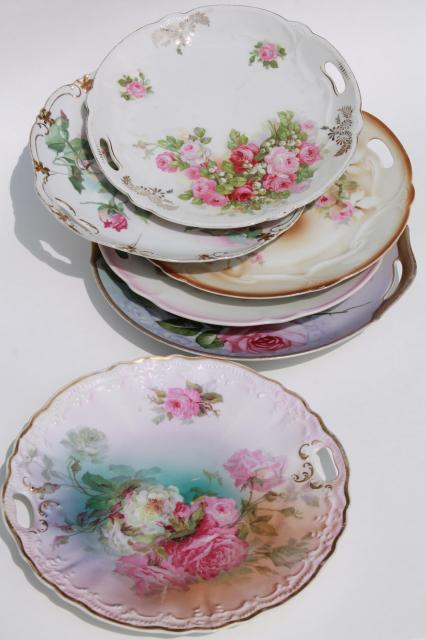 photo of antique vintage china plates w/ hand painted roses, shabby chic cabbage rose florals #1