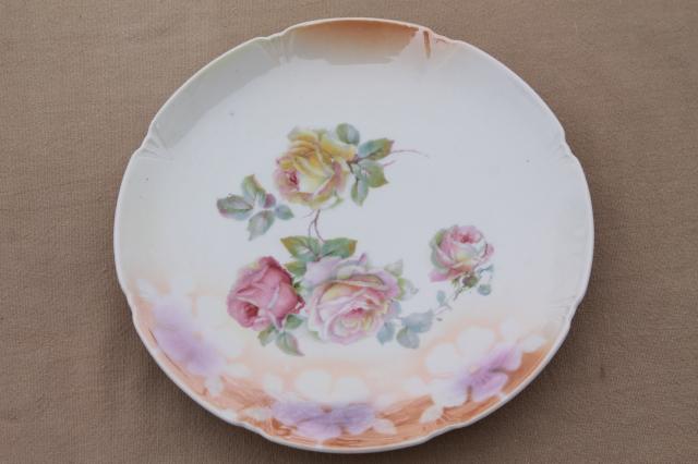 photo of antique vintage china plates w/ hand painted roses, shabby chic cabbage rose florals #3