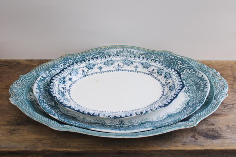 photo of antique vintage china platters teal green blue transferware patterns mismatched stack #1