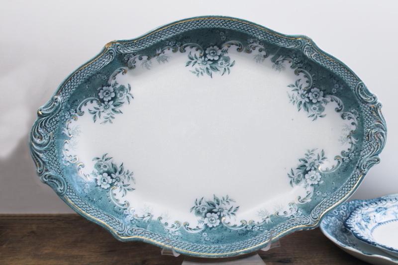 photo of antique vintage china platters teal green blue transferware patterns mismatched stack #3