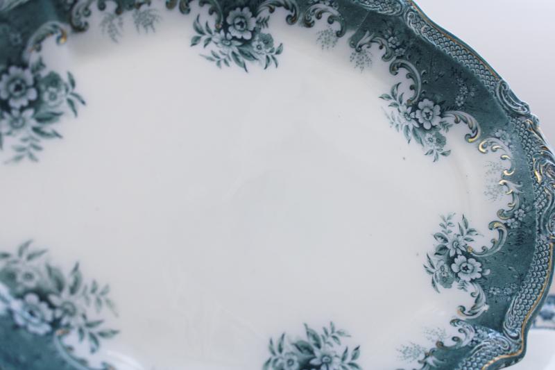 photo of antique vintage china platters teal green blue transferware patterns mismatched stack #5