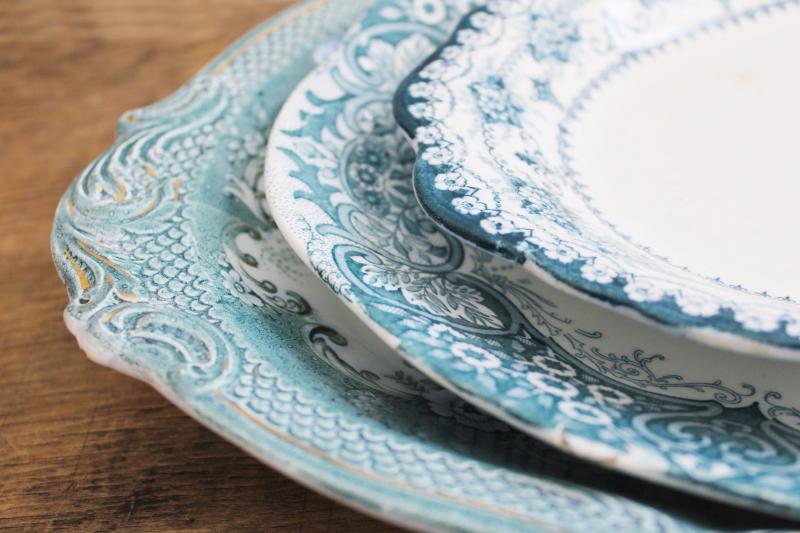 photo of antique vintage china platters teal green blue transferware patterns mismatched stack #12