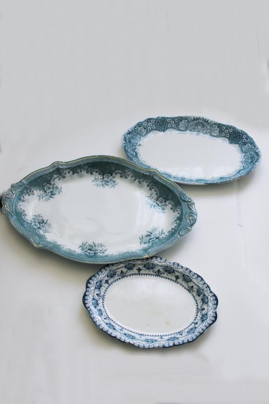 photo of antique vintage china platters teal green blue transferware patterns mismatched stack #13