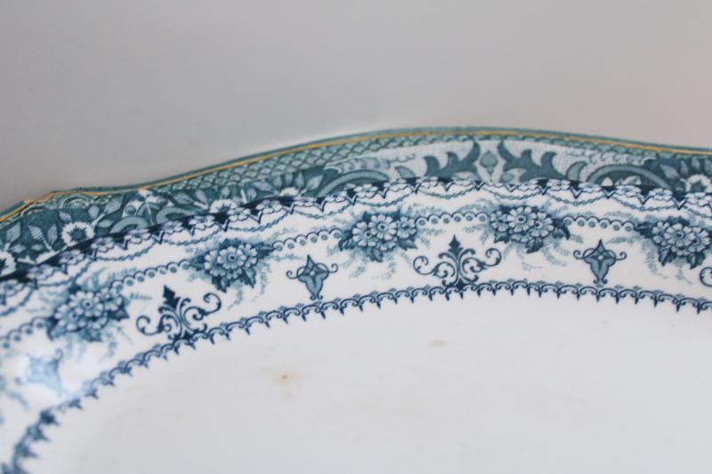 photo of antique vintage china platters teal green blue transferware patterns mismatched stack #14