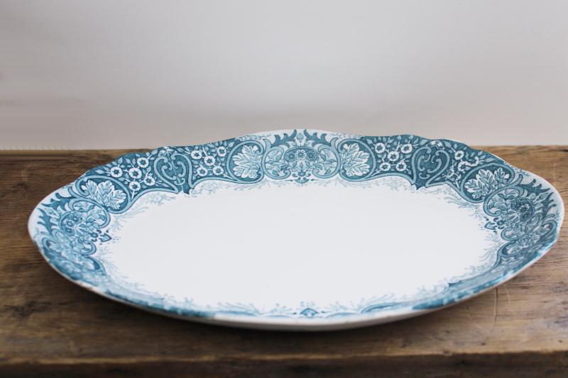 photo of antique vintage china platters teal green blue transferware patterns mismatched stack #17