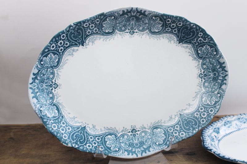 photo of antique vintage china platters teal green blue transferware patterns mismatched stack #18