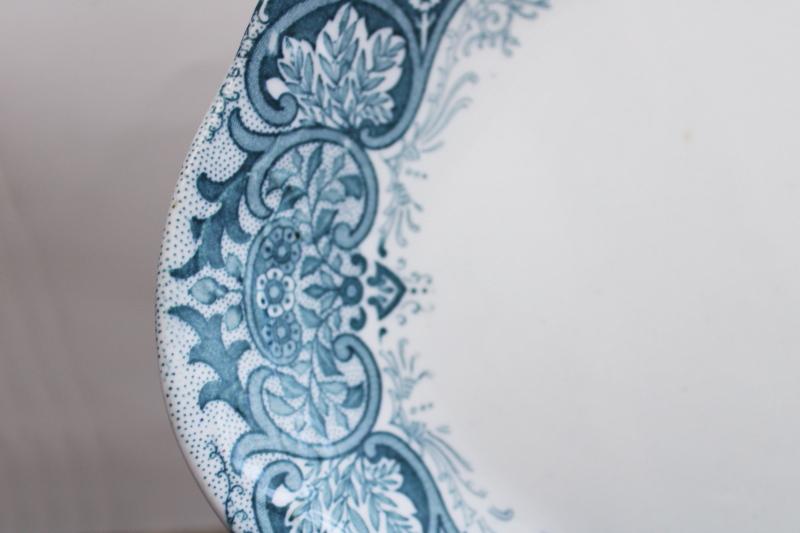 photo of antique vintage china platters teal green blue transferware patterns mismatched stack #19