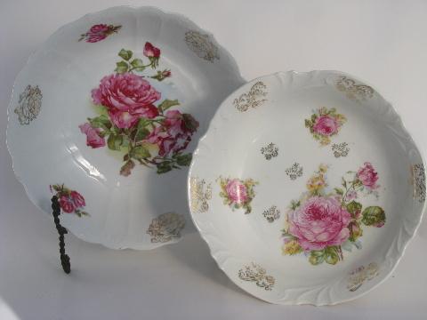 photo of antique vintage china serving bowls, big pink cabbage roses floral #1