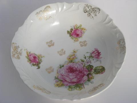 photo of antique vintage china serving bowls, big pink cabbage roses floral #6