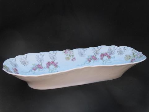 photo of antique vintage china serving dishes, pink roses porcelain celery trays #3