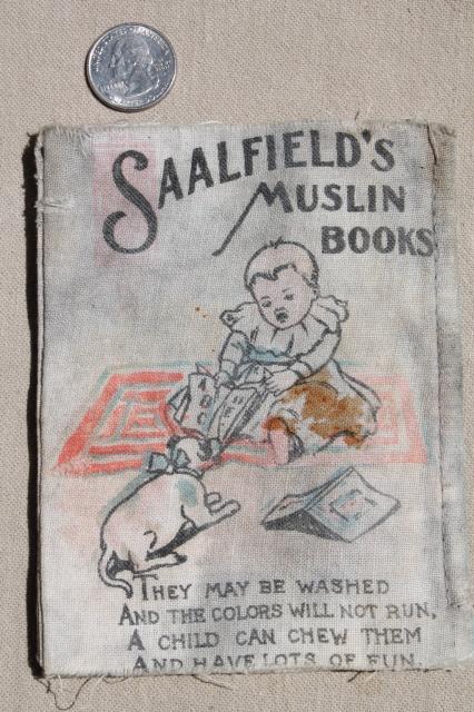 photo of antique vintage cloth book Baby's Pets w/ animal illustrations, Saalfield's muslin book #5