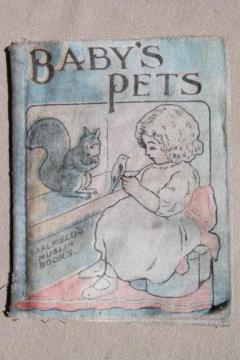 catalog photo of antique vintage cloth book Baby's Pets w/ animal illustrations, Saalfield's muslin book